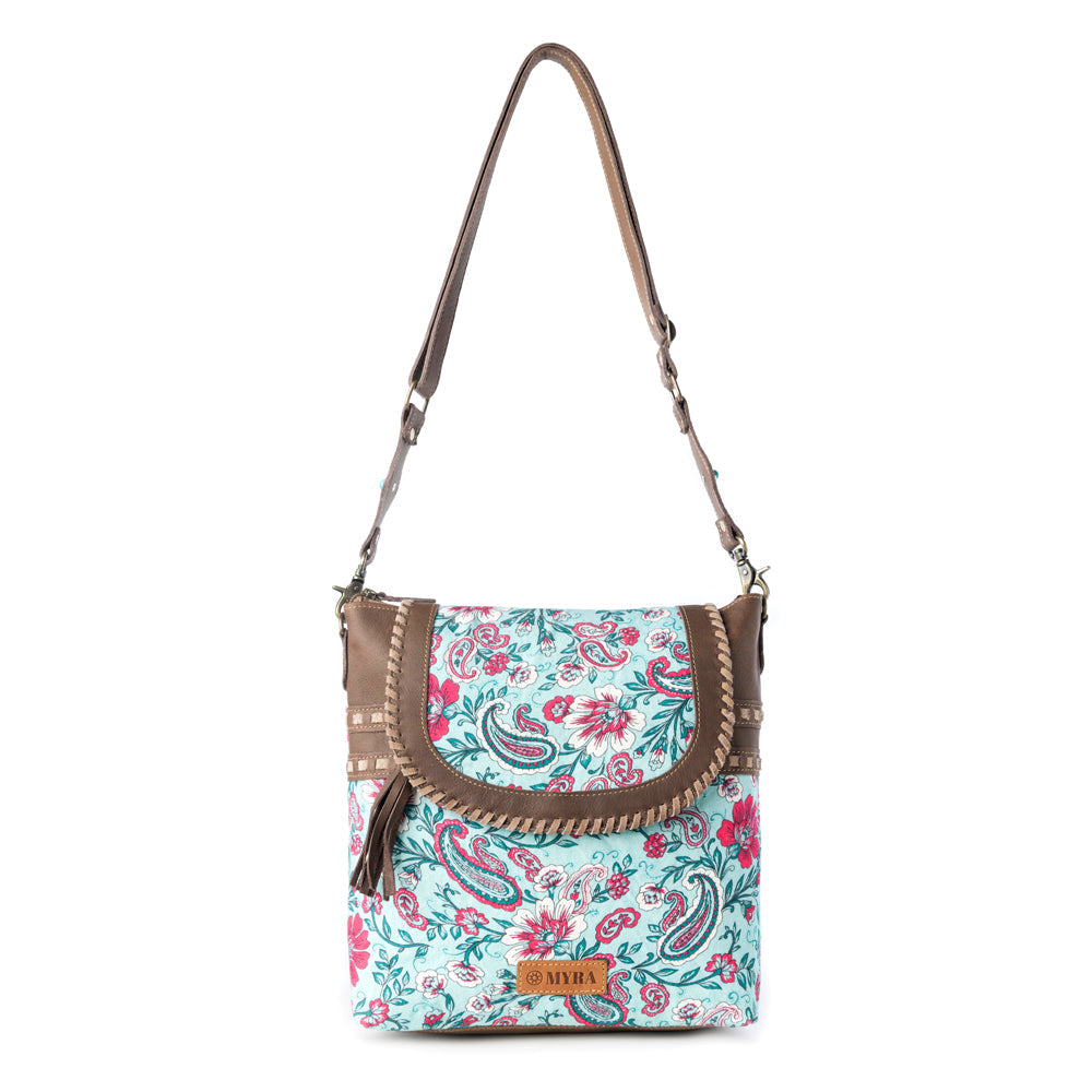 Lagoon Lily upcycled canvas Bag for Women in blue with leather and weaved flap - Myra USA