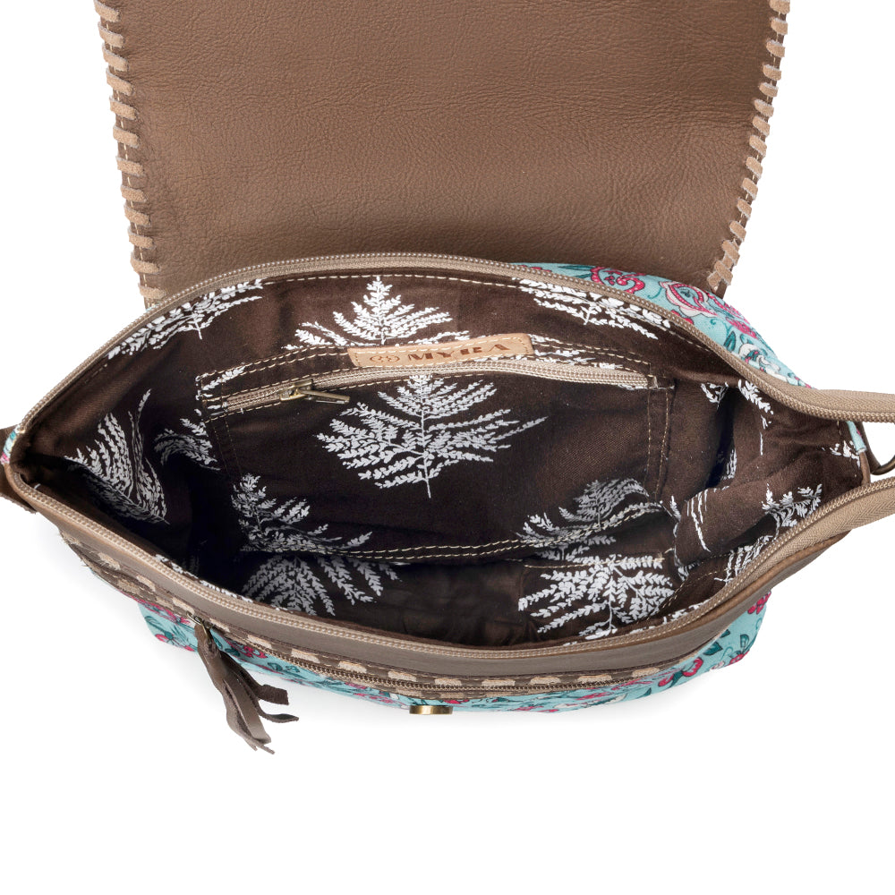 Lagoon Lily upcycled canvas Bag for Women in blue with leather and weaved flap - Myra USA