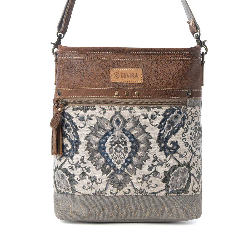 Sagebrook Jacquard upcycled canvas Bag for Women in sage with leather detail - Myra USA