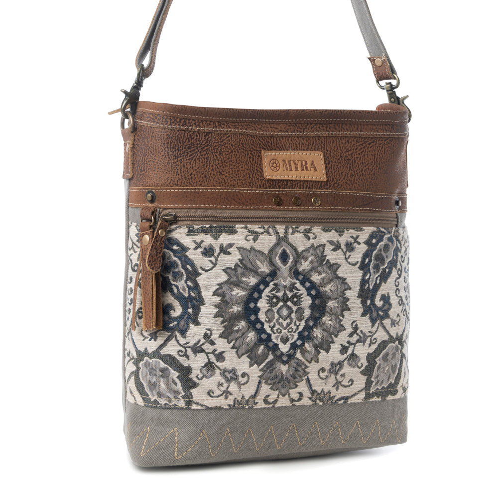 Sagebrook Jacquard upcycled canvas Bag for Women in sage with leather detail - Myra USA