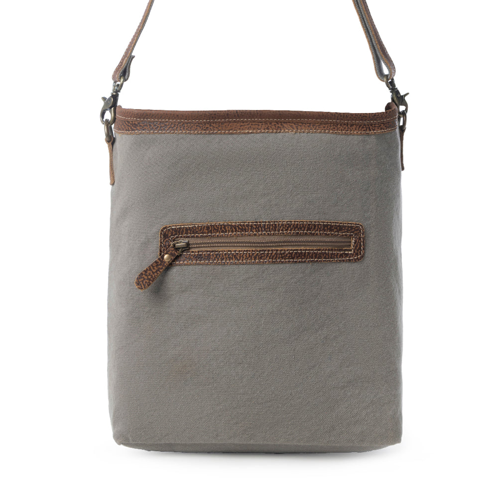 Sagebrook Jacquard upcycled canvas Bag for Women in sage with leather detail - Myra USA