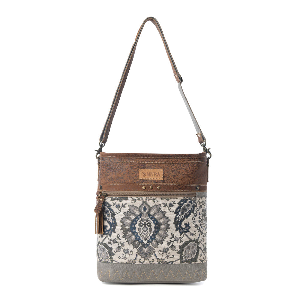Sagebrook Jacquard upcycled canvas Bag for Women in sage with leather detail - Myra USA