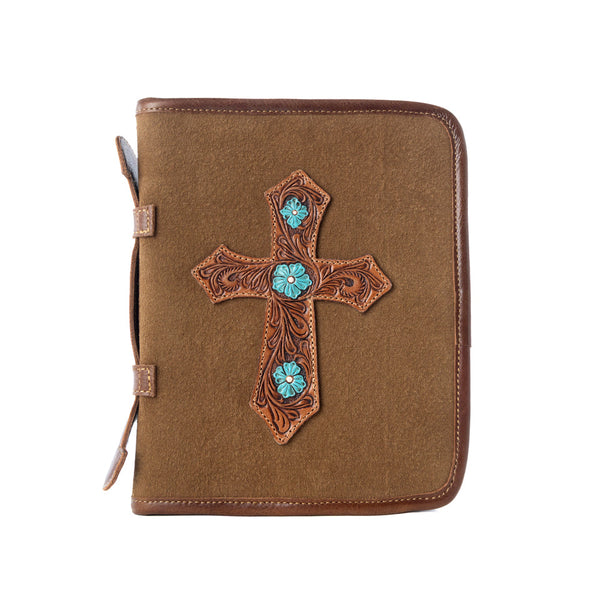 Holycross Western Bible Cover in brown with flap closure and handtooled detail - Myra USA