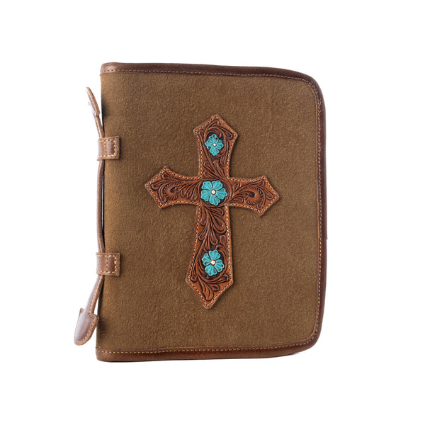 Holycross Western Bible Cover in brown with flap closure and handtooled detail - Myra USA