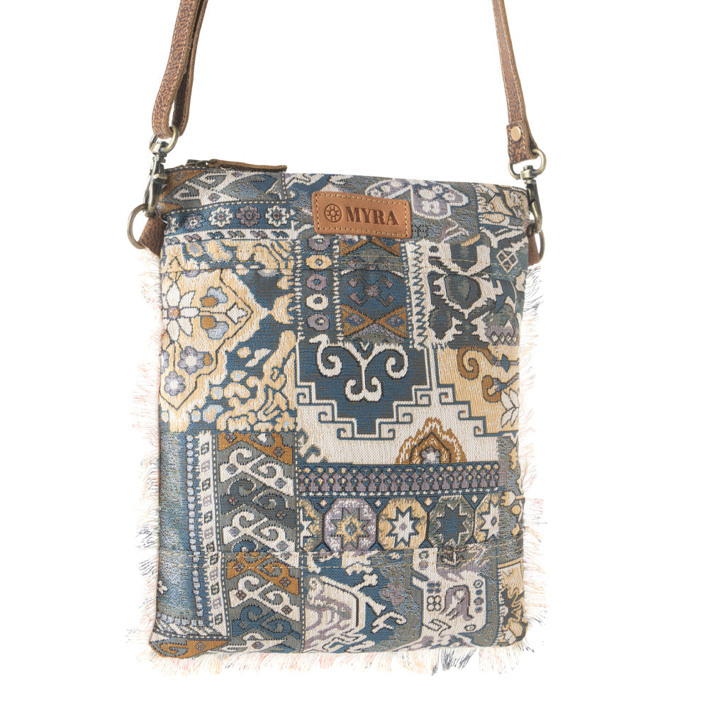 Loom Tapestry vintage crossbody Bag for Women in indigo with fringe detail - Myra USA