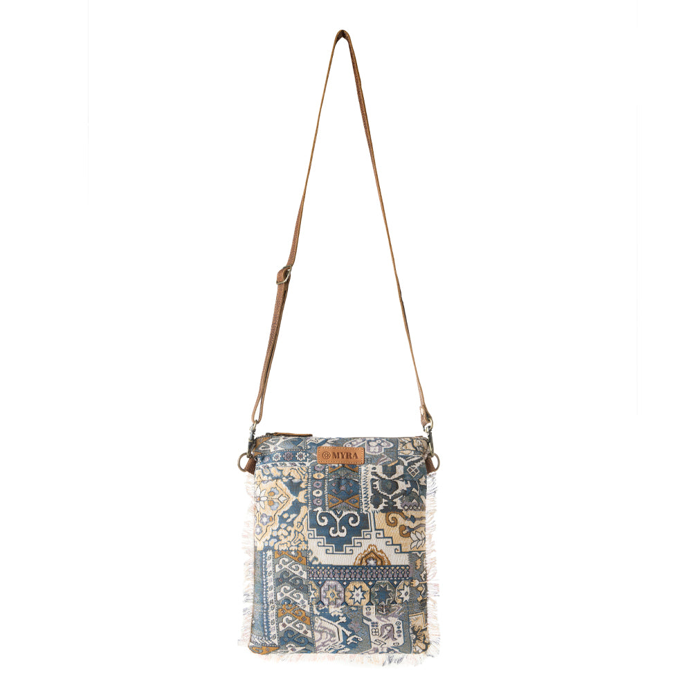 Loom Tapestry vintage crossbody Bag for Women in indigo with fringe detail - Myra USA