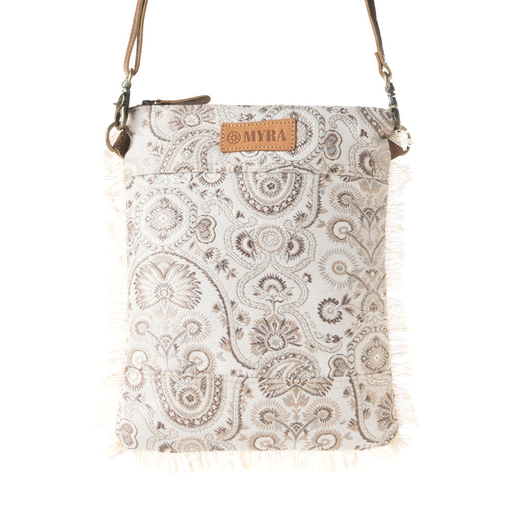 Loom Tapestry upcycled canvas crossbody Bag for Women in sage with fringe detail - Myra USA