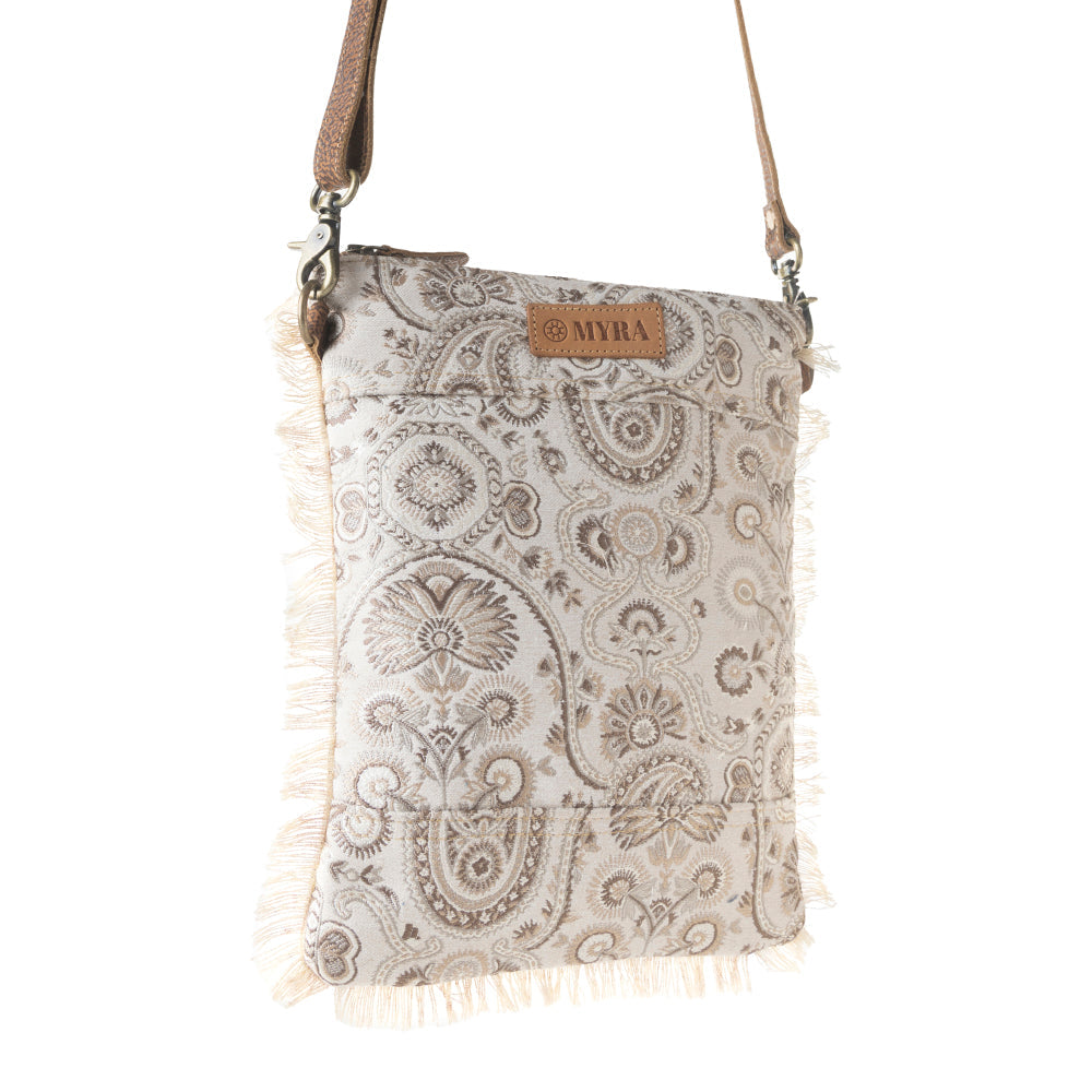 Loom Tapestry upcycled canvas crossbody Bag for Women in sage with fringe detail - Myra USA