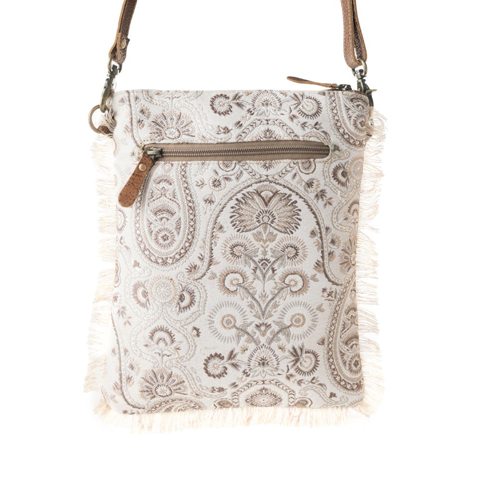Loom Tapestry upcycled canvas crossbody Bag for Women in sage with fringe detail - Myra USA