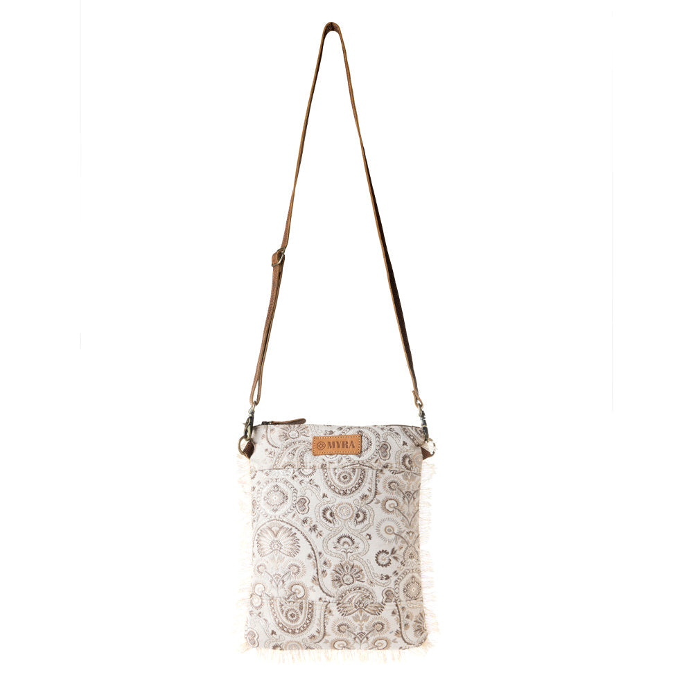 Loom Tapestry upcycled canvas crossbody Bag for Women in sage with fringe detail - Myra USA