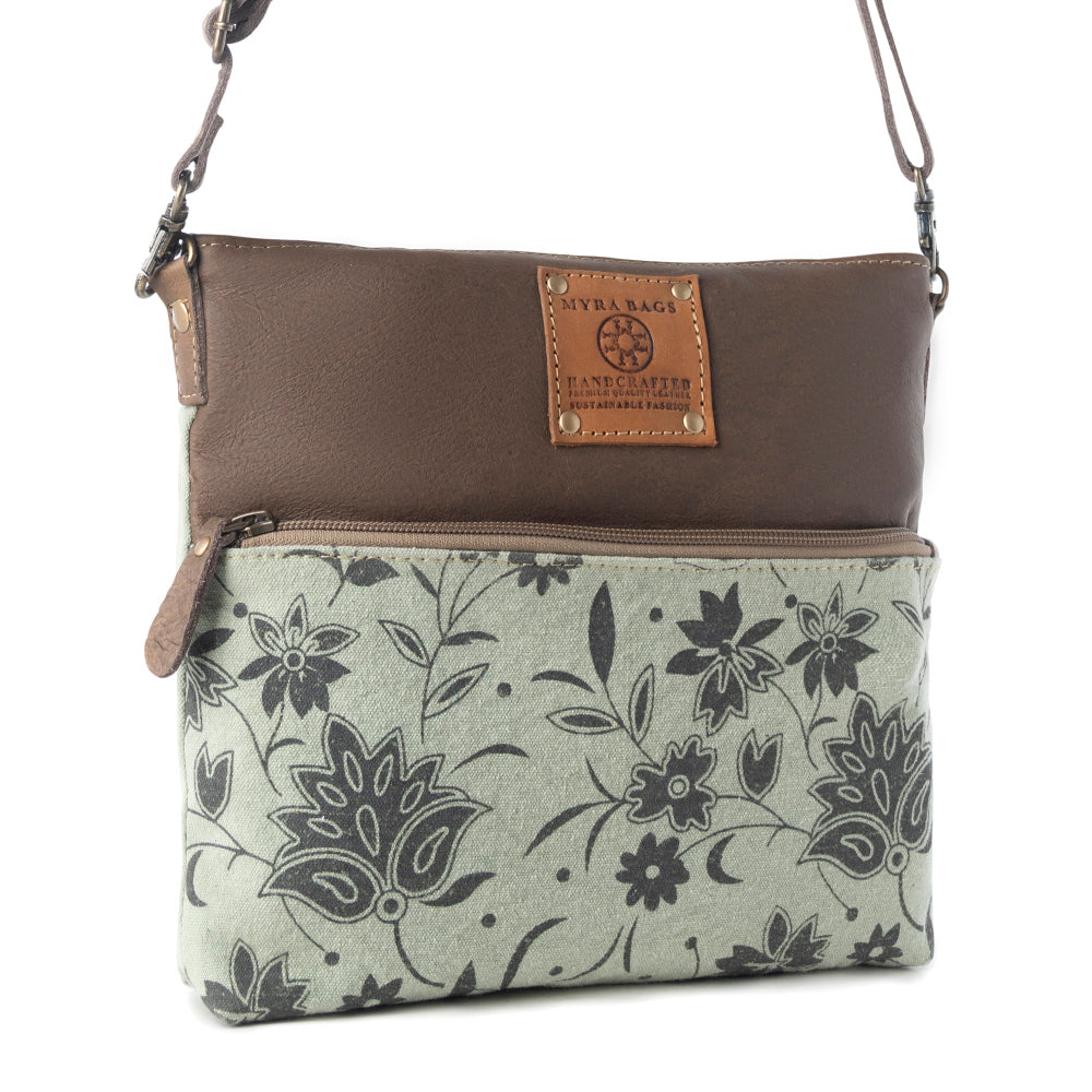 Wildprint Trail upcycled canvas crossbody Bag for Women in sage with floral detail - Myra USA