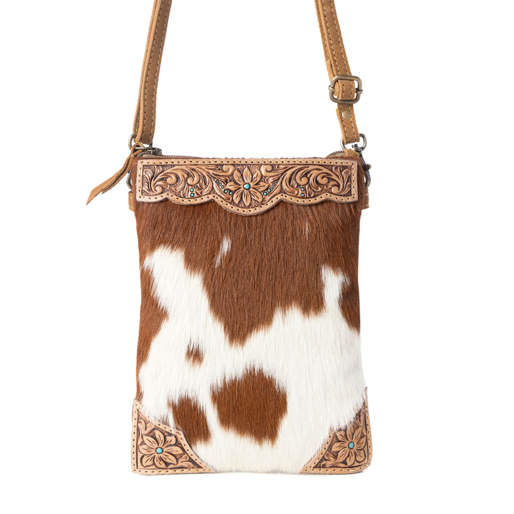 Calico Hairon Crossbody Bag for Women in brown with hairon and handtooled detail - Myra USA