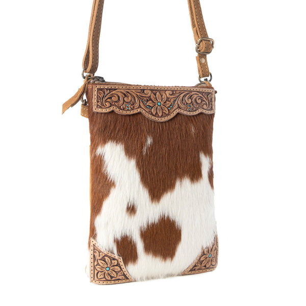 Calico Hairon Crossbody Bag for Women in brown with hairon and handtooled detail - Myra USA