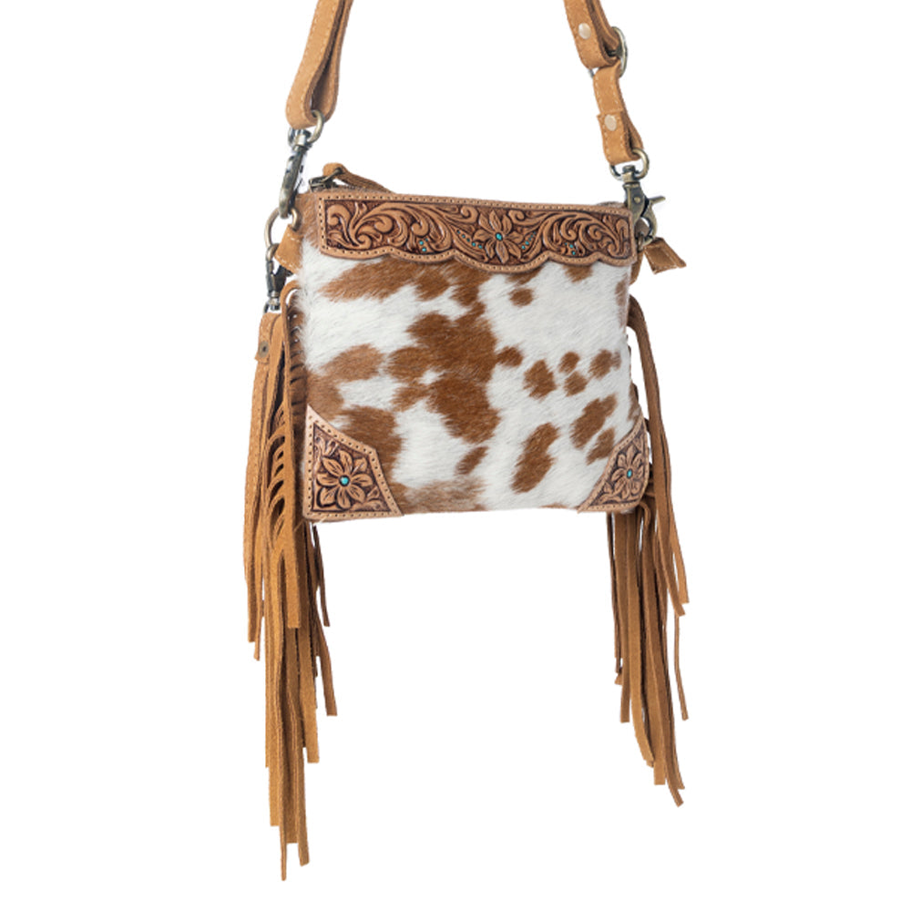 Bourbon Trail Handtooled Bag for Women in brown with hairon and fringe detail - Myra USA