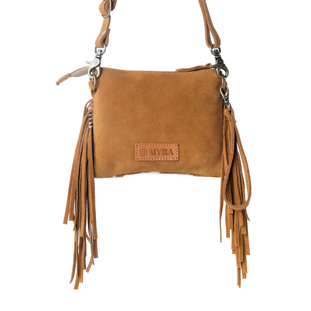 Bourbon Trail Handtooled Bag for Women in brown with hairon and fringe detail - Myra USA