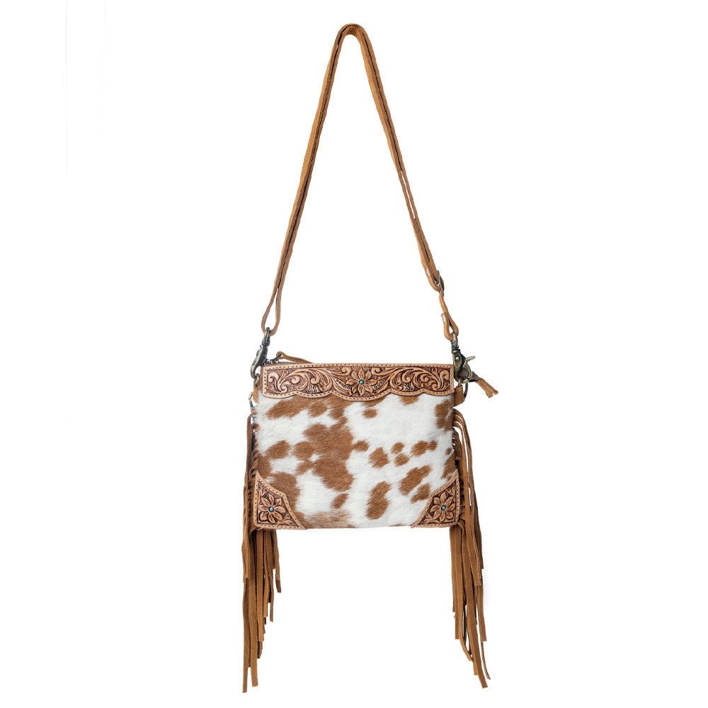 Bourbon Trail Handtooled Bag for Women in brown with hairon and fringe detail - Myra USA