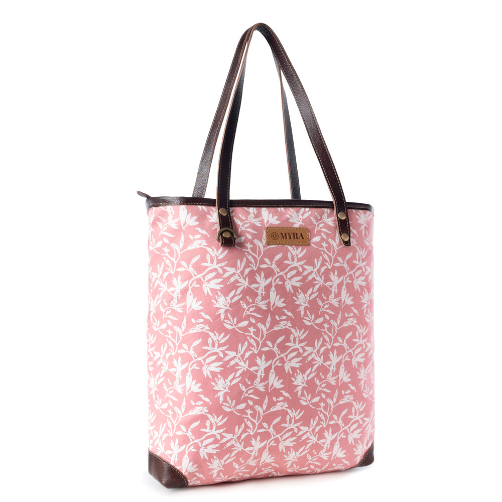 Rose Vine Vintage Tote Bag for Women in pink with leather detail - Myra USA