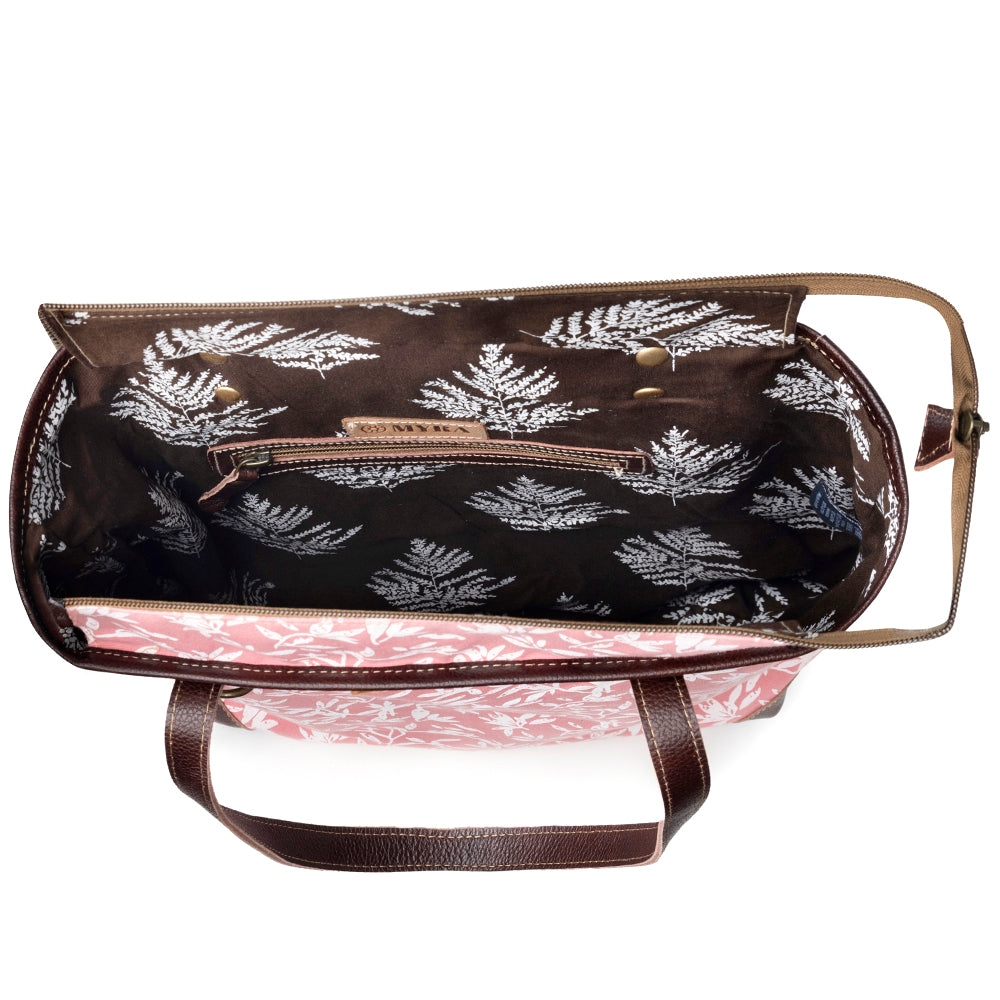 Rose Vine Vintage Tote Bag for Women in pink with leather detail - Myra USA