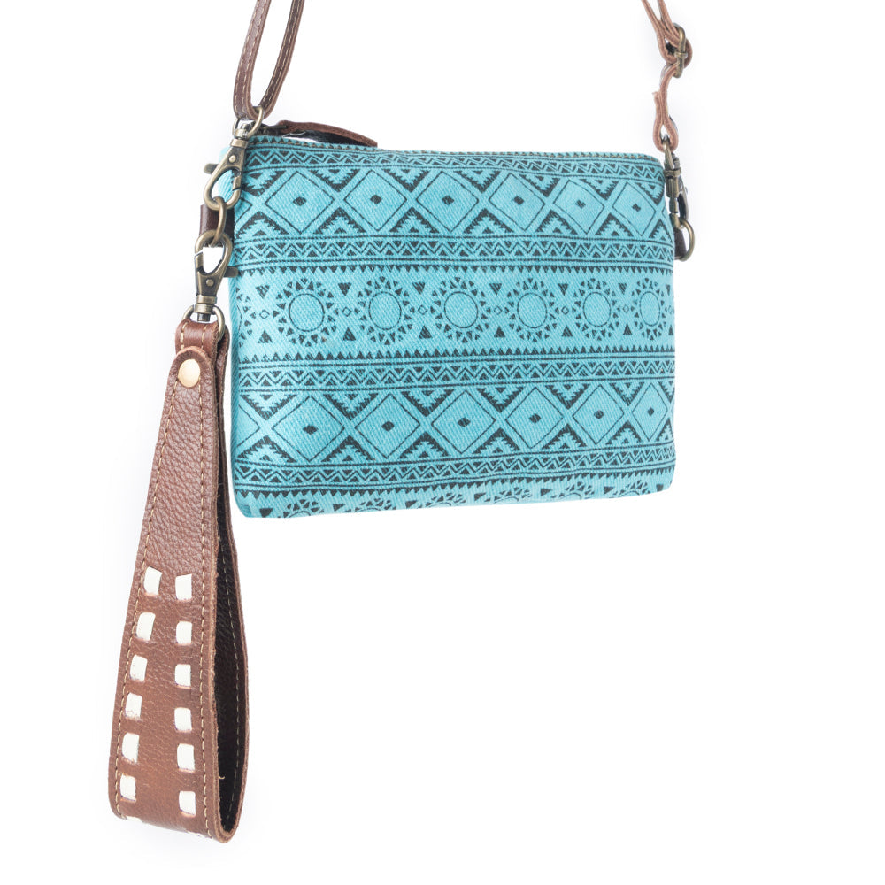 Aztec Sky Cotton Belt Bag for Women in turquoise with leather detail - Myra USA