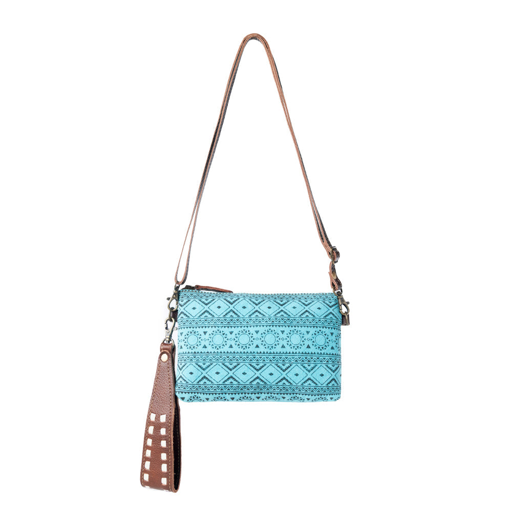 Aztec Sky Cotton Belt Bag for Women in turquoise with leather detail - Myra USA