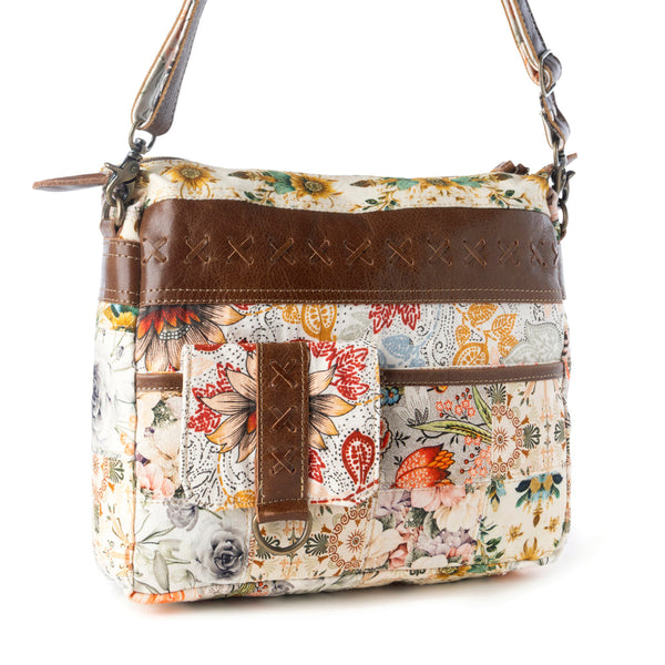 Posy Mesa upcycled canvas Bag for Women in beige with floral detail - Myra USA