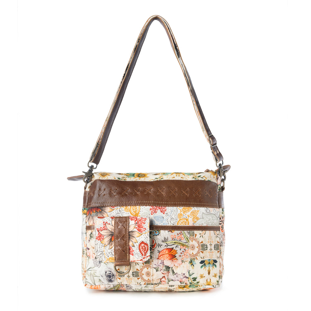 Posy Mesa upcycled canvas Bag for Women in beige with floral detail - Myra USA