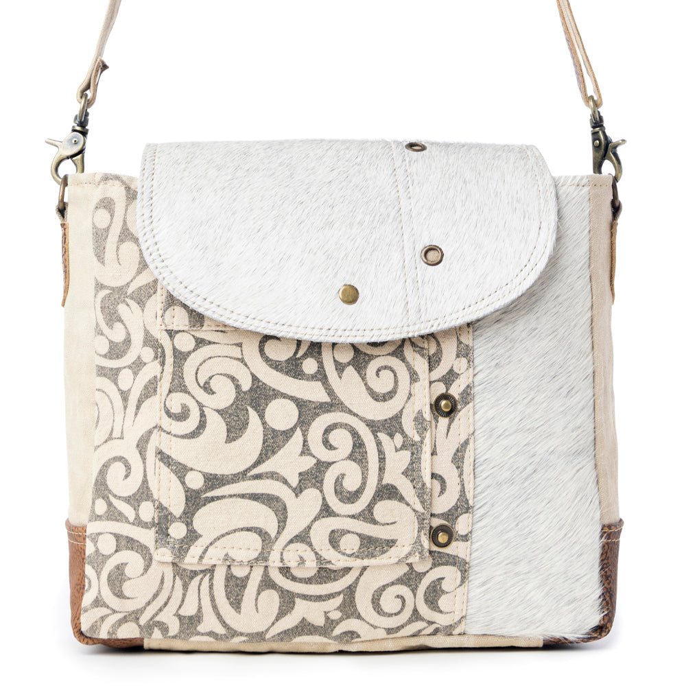 Myra Factual Hairon Leather Messenger Bag â€“ Swirl Canvas, White Hairon Flap, Rustic Straps for Everyday Western Style - Myra USA
