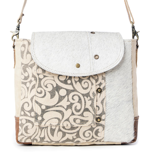 Myra Factual Hairon Leather Messenger Bag â€“ Swirl Canvas, White Hairon Flap, Rustic Straps for Everyday Western Style - Myra USA