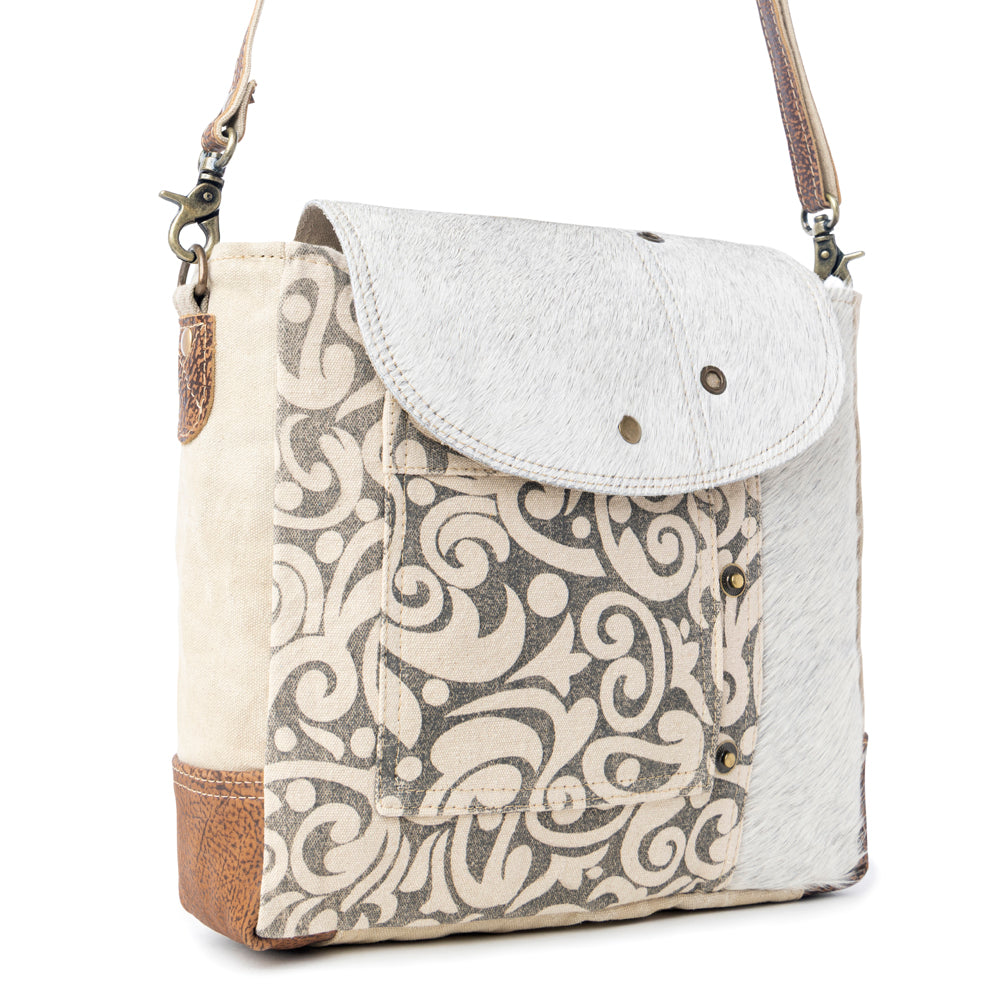Myra Factual Hairon Leather Messenger Bag â€“ Swirl Canvas, White Hairon Flap, Rustic Straps for Everyday Western Style - Myra USA