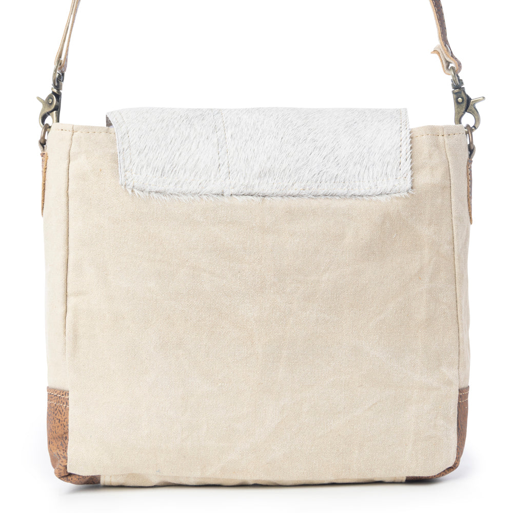 Myra Factual Hairon Leather Messenger Bag â€“ Swirl Canvas, White Hairon Flap, Rustic Straps for Everyday Western Style - Myra USA