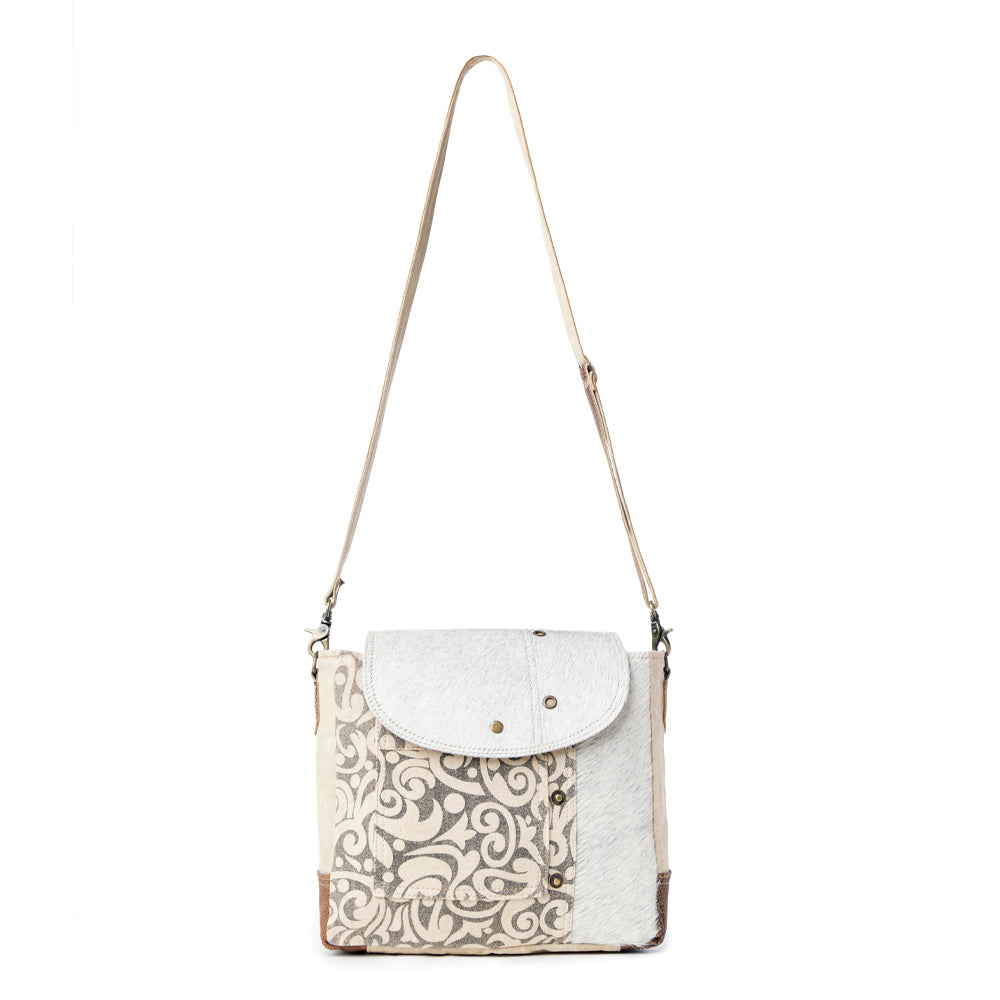 Myra Factual Hairon Leather Messenger Bag â€“ Swirl Canvas, White Hairon Flap, Rustic Straps for Everyday Western Style - Myra USA