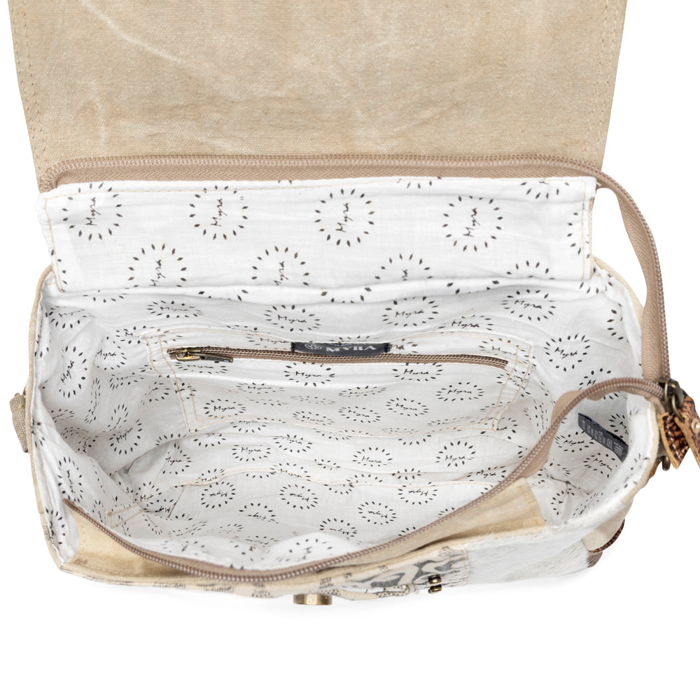 Myra Factual Hairon Leather Messenger Bag â€“ Swirl Canvas, White Hairon Flap, Rustic Straps for Everyday Western Style - Myra USA