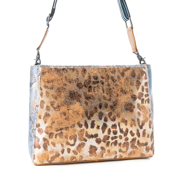 Safari Glow Leather Bag for Women in Brown with metallic detail and shoulder strap - Myra USA