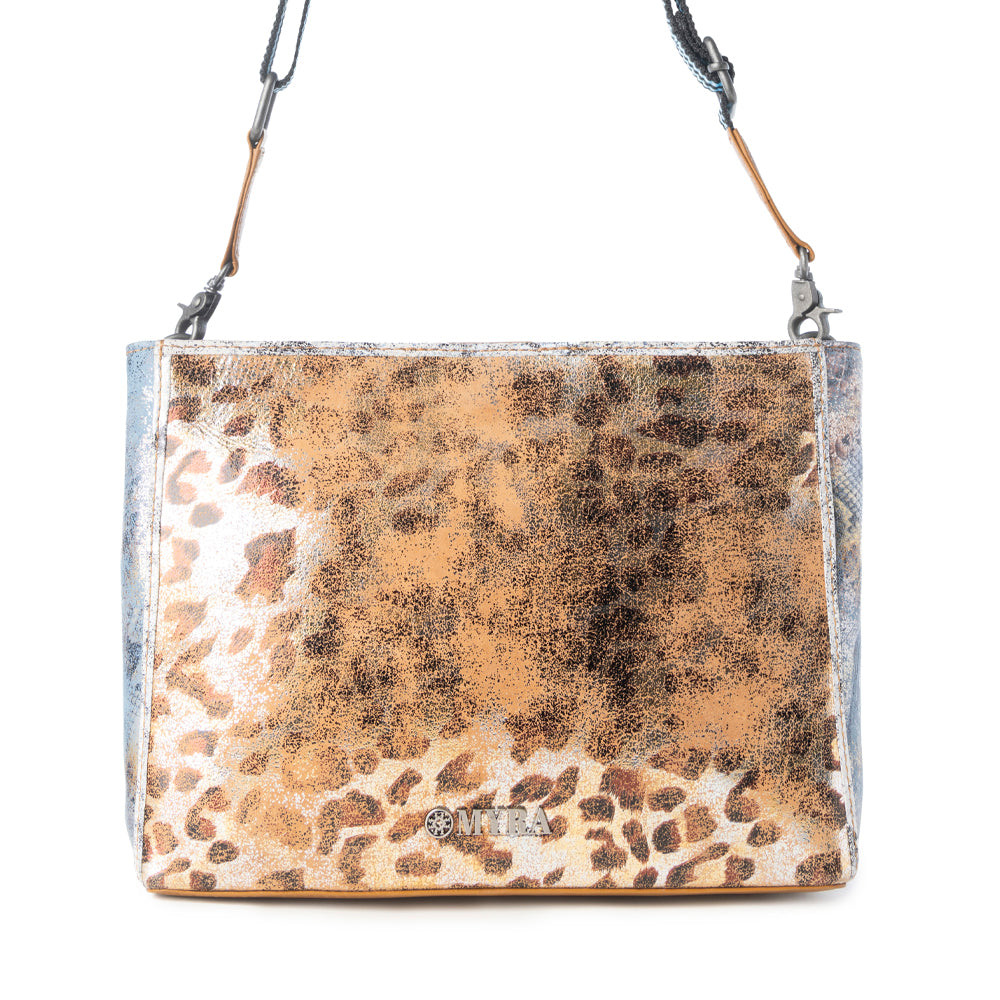 Safari Glow Leather Bag for Women in Brown with metallic detail and shoulder strap - Myra USA