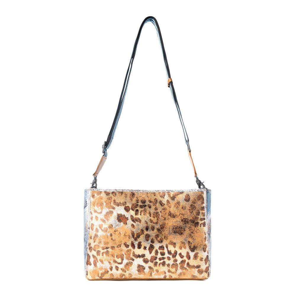 Safari Glow Leather Bag for Women in Brown with metallic detail and shoulder strap - Myra USA