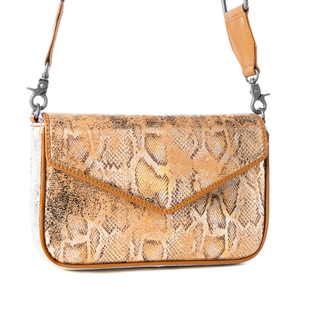 Wild Print Leather Bag for Women in Golden with snake print detail and shoulder strap - Myra USA