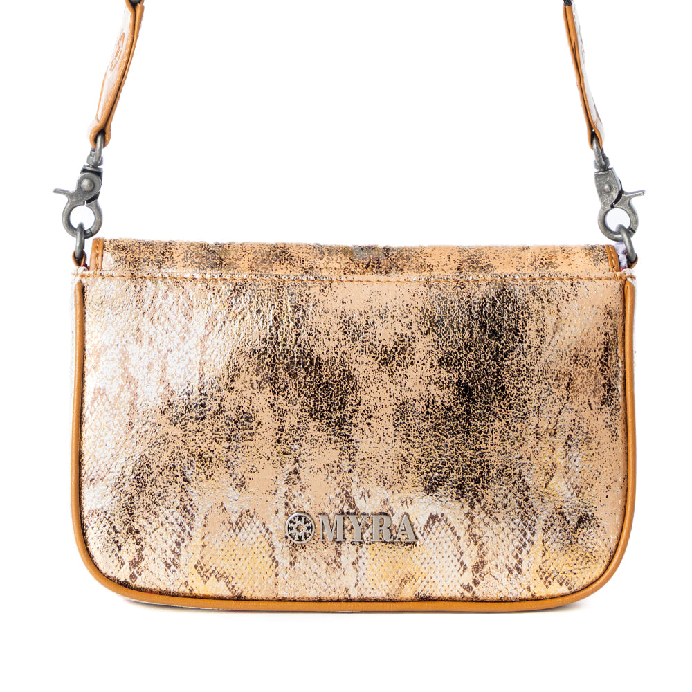 Wild Print Leather Bag for Women in Golden with snake print detail and shoulder strap - Myra USA