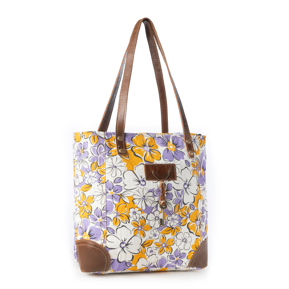 Retro Bloom upcycled canvas tote Bag for Women in yellow with leather detail - Myra USA