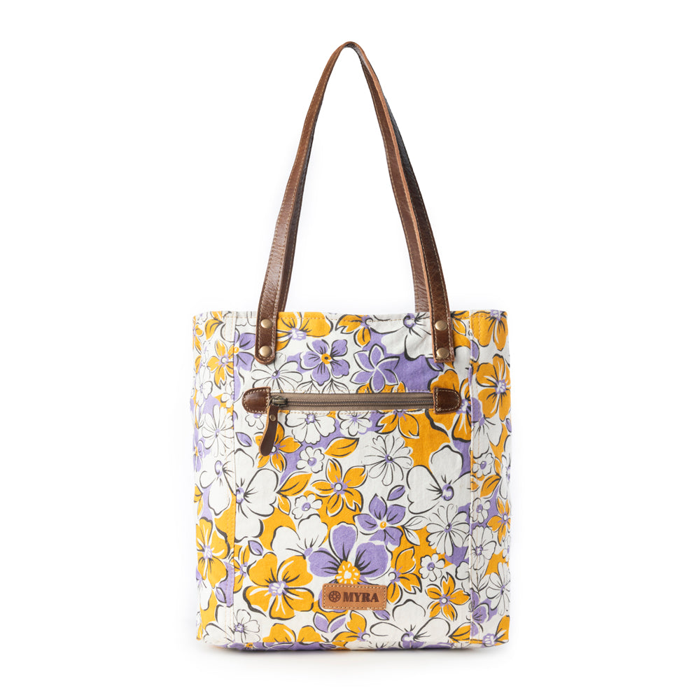 Retro Bloom upcycled canvas tote Bag for Women in yellow with leather detail - Myra USA