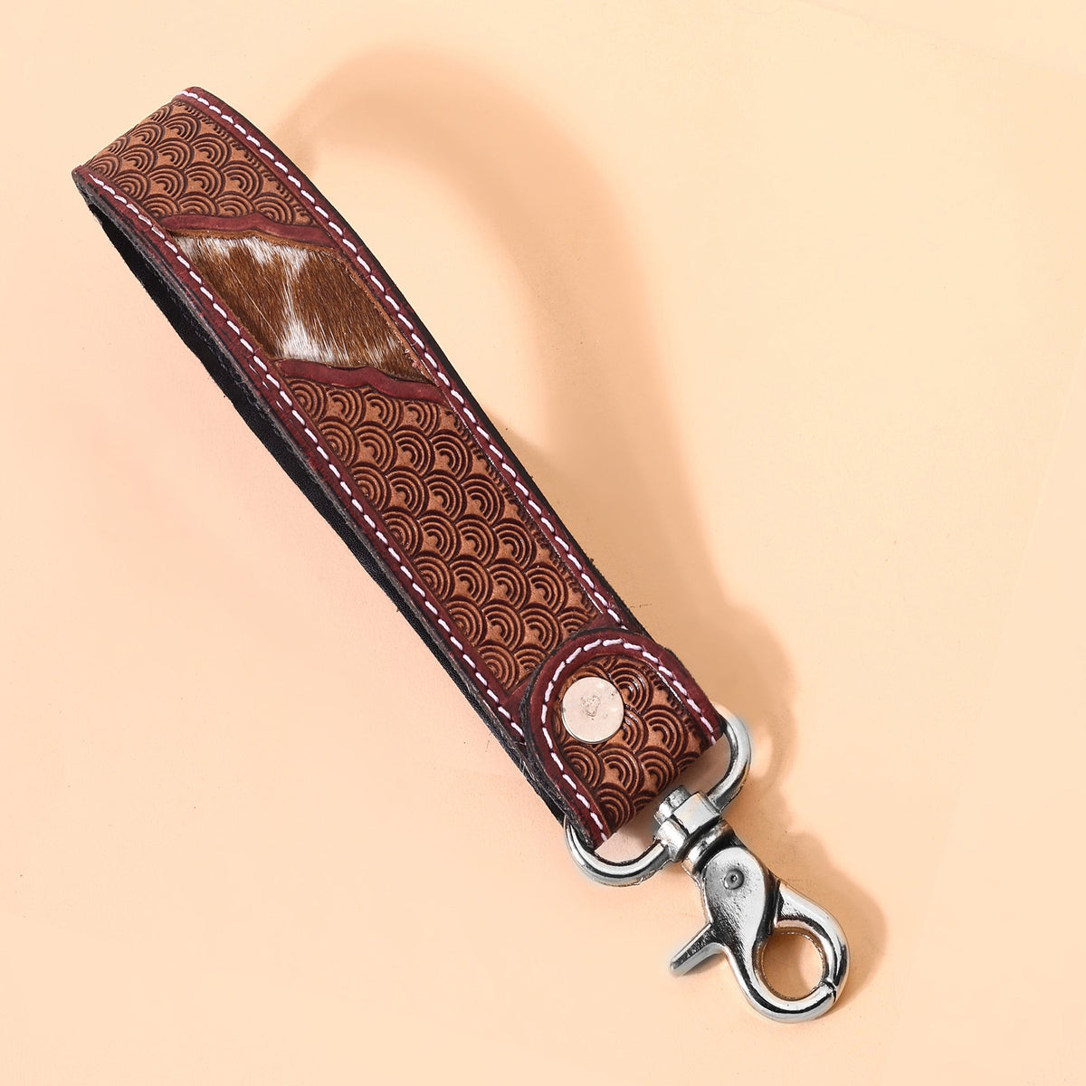 Myra Soaring Bloom Handtooled Leather Keyfob in barn red - Myra USA