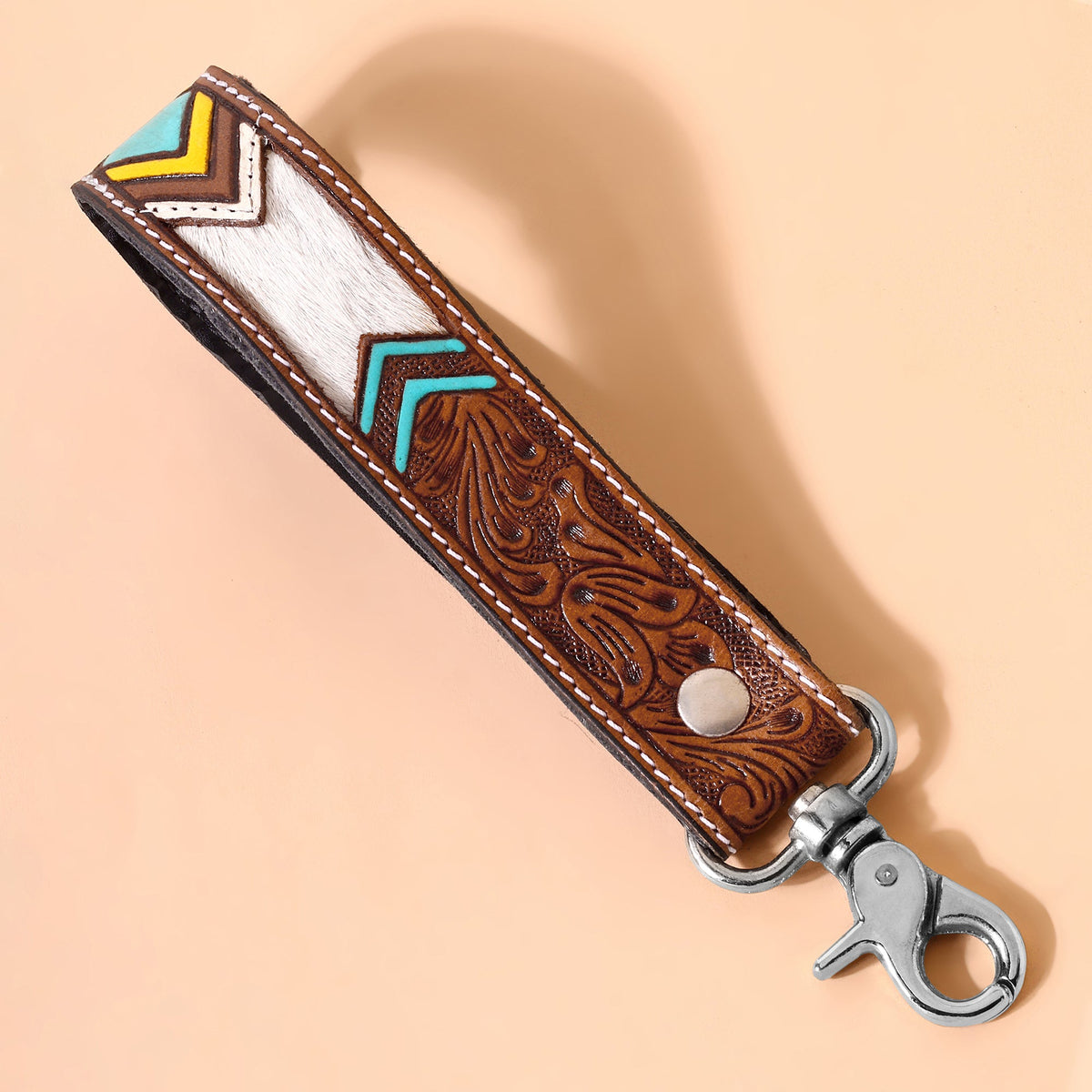 Myra Soaring Bloom Handtooled Leather Keyfob in desert turquoise - Myra USA