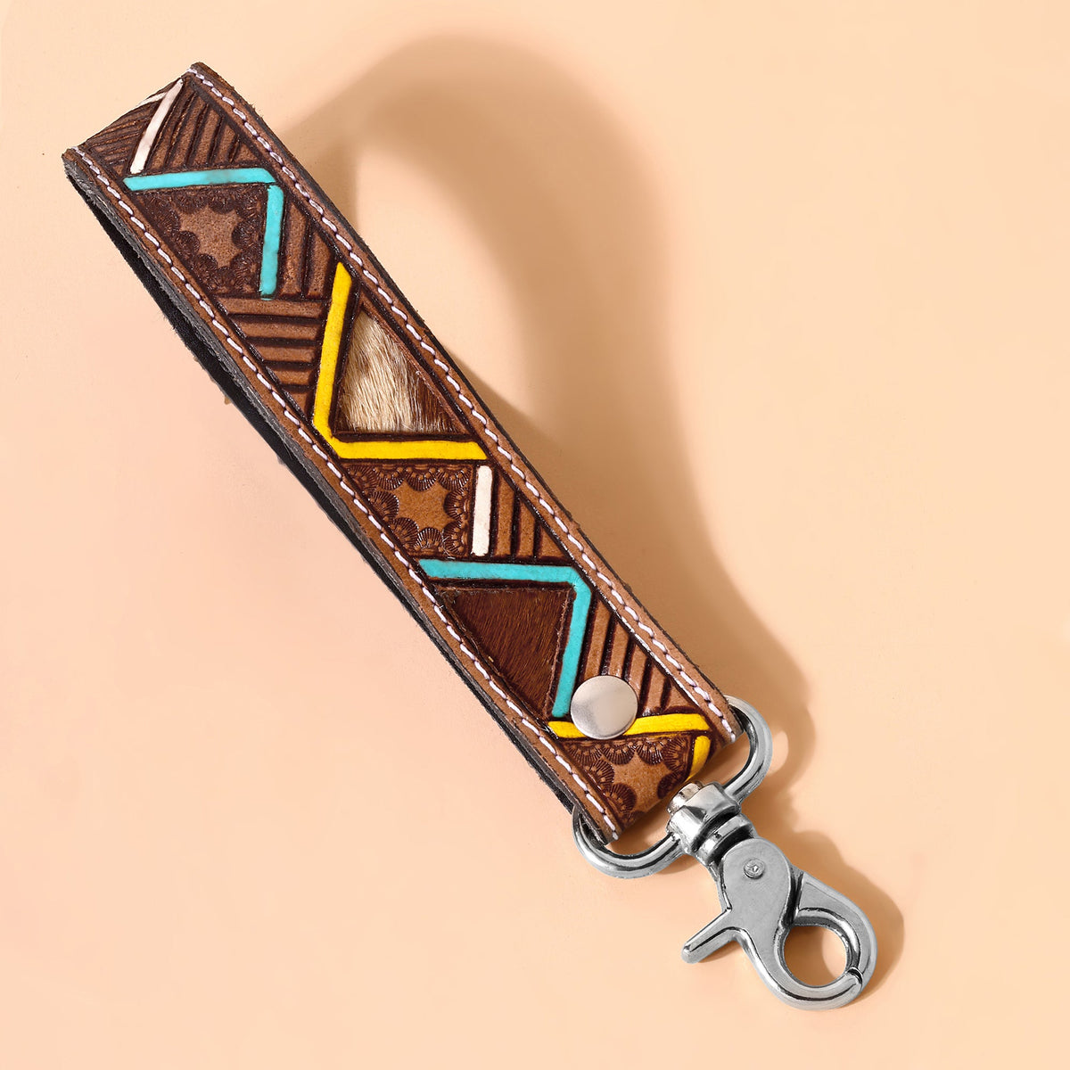 Myra Soaring Bloom Handtooled Leather Keyfob in saddle tan - Myra USA