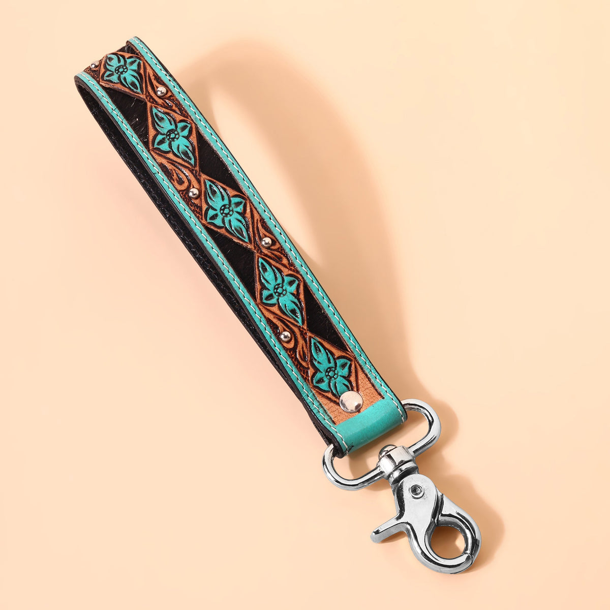 Myra Wildhue Western Key Fob in turquoise with handtooled floral detail - Myra USA