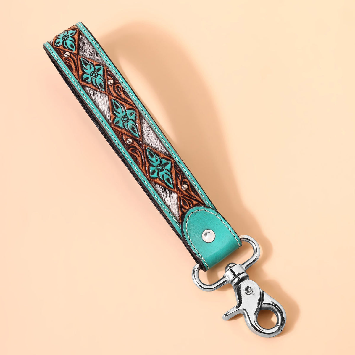 Myra Wildhue Western Key Fob in turquoise with handtooled floral detail - Myra USA