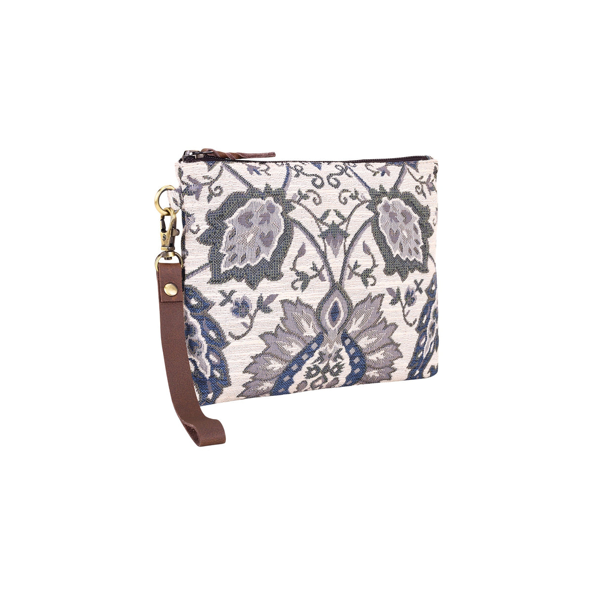 Myra Cinderbluff Wristlet for Women in jacquard with leather strap, olive floral - Myra USA