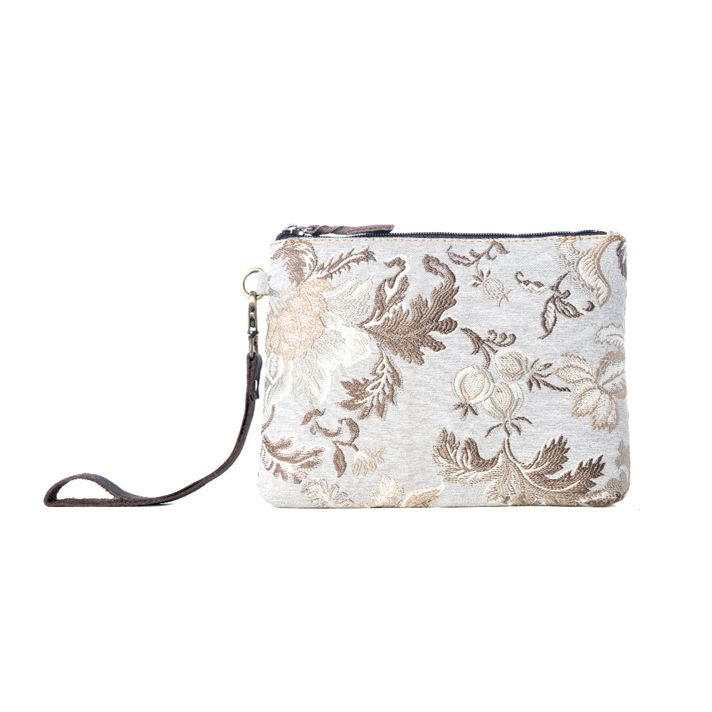 Myra Cinderbluff Wristlet for Women in jacquard with leather strap, sage floral - Myra USA