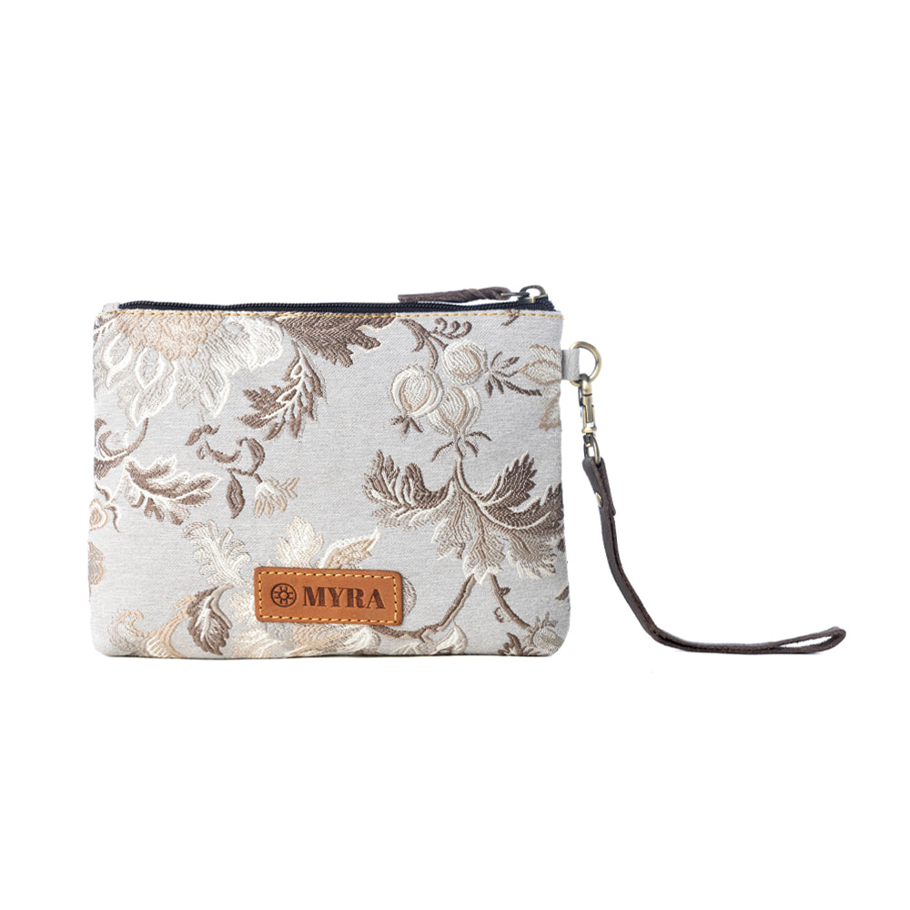 Myra Cinderbluff Wristlet for Women in jacquard with leather strap, sage floral - Myra USA