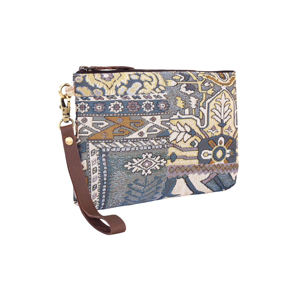 Myra Cinderbluff Wristlet for Women in jacquard with leather strap, blue tapestry - Myra USA