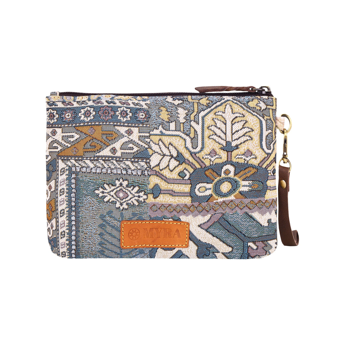 Myra Cinderbluff Wristlet for Women in jacquard with leather strap, blue tapestry - Myra USA