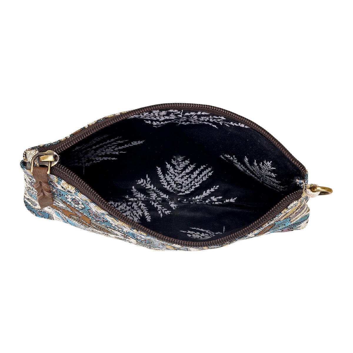 Myra Cinderbluff Wristlet for Women in jacquard with leather strap, blue tapestry - Myra USA